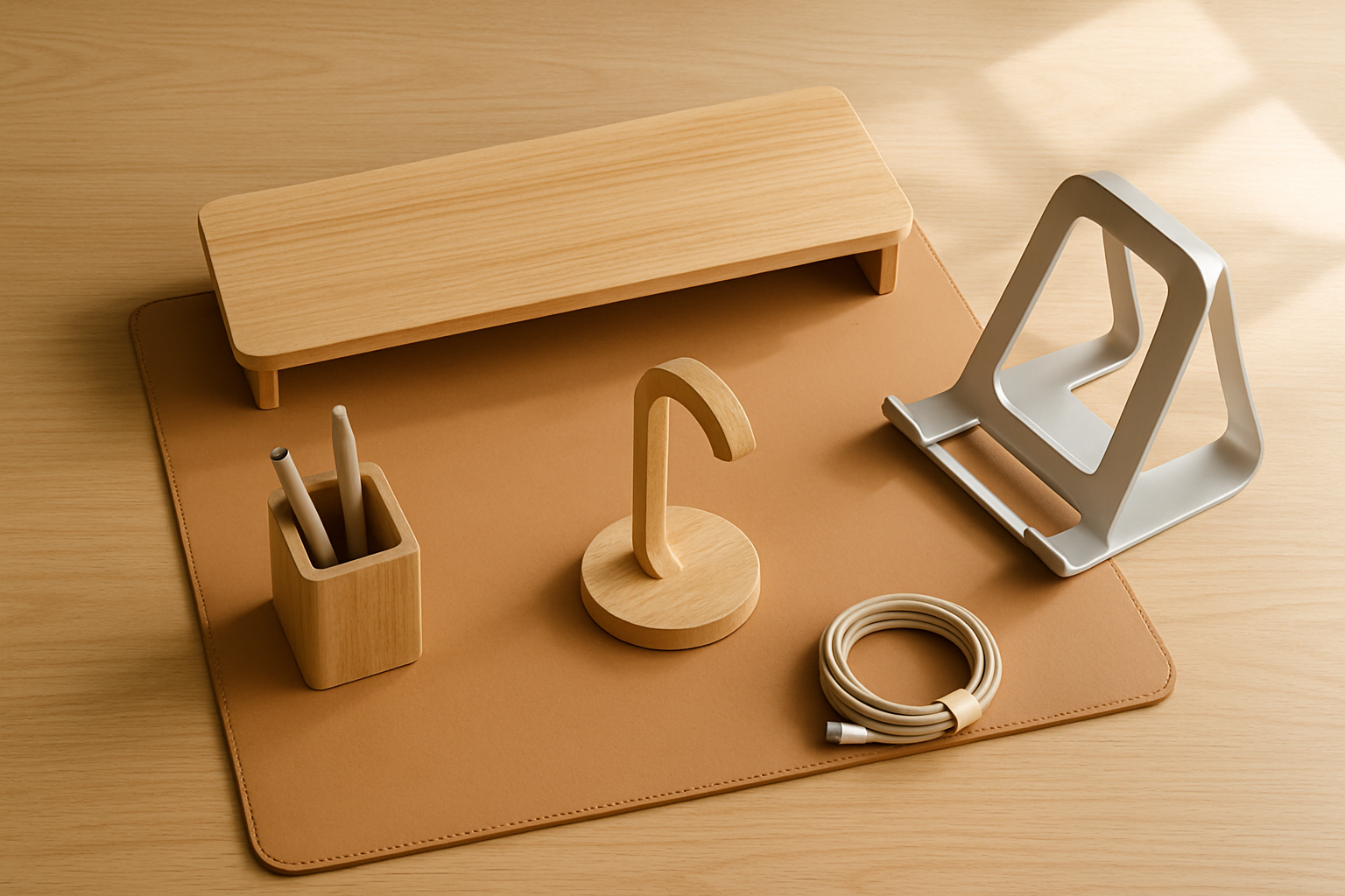 Flat lay of clean desk setup gifts on a light oak desktop including a tan leather desk mat, a wooden monitor riser, an aluminum laptop stand, a wooden pen caddy, a headphone stand and a coiled cable