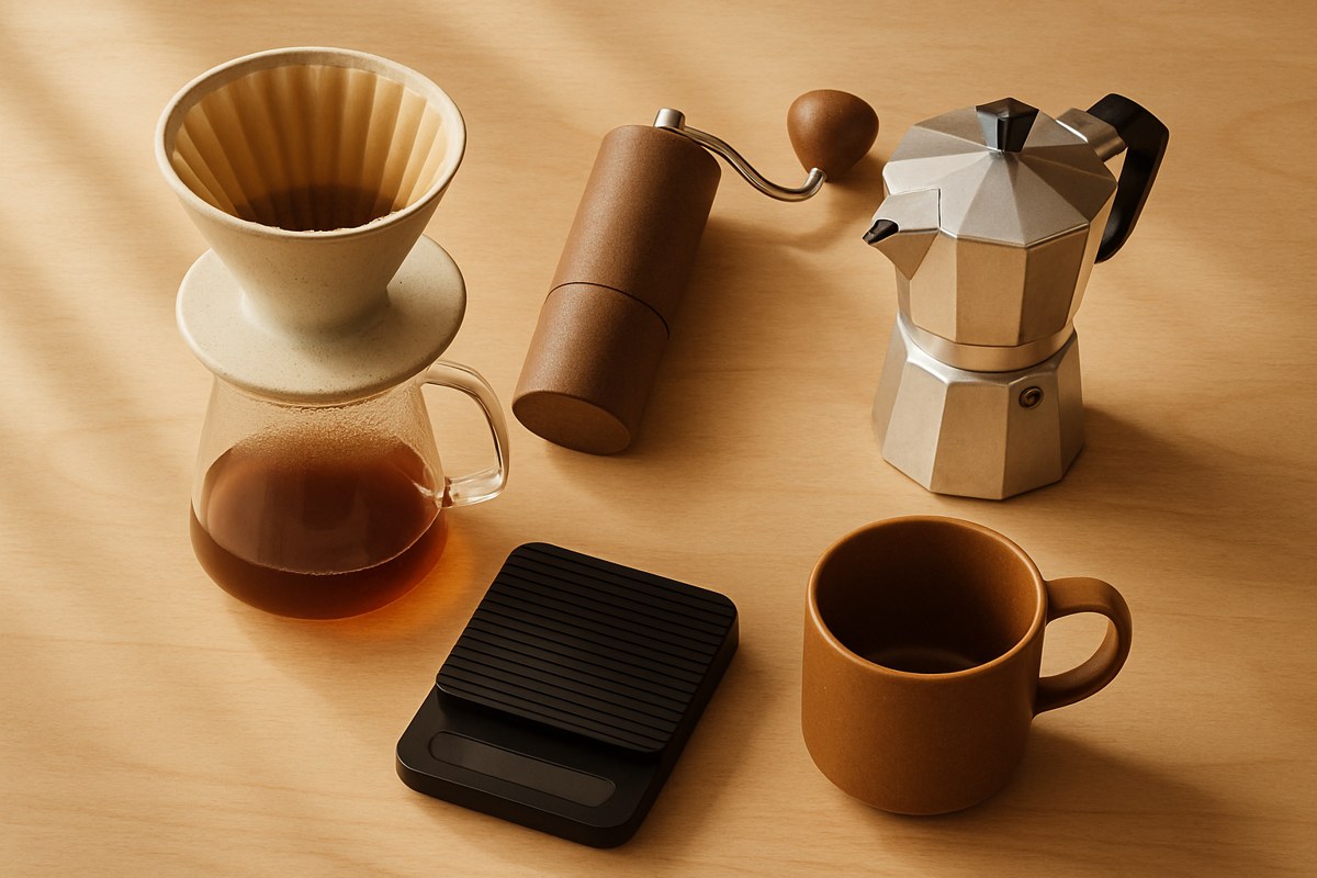 Flat lay of home barista gifts on a light wooden counter including a cream pour-over dripper on a glass server, a wooden-handled hand grinder, a silver moka pot, a black coffee scale and a terracotta mug