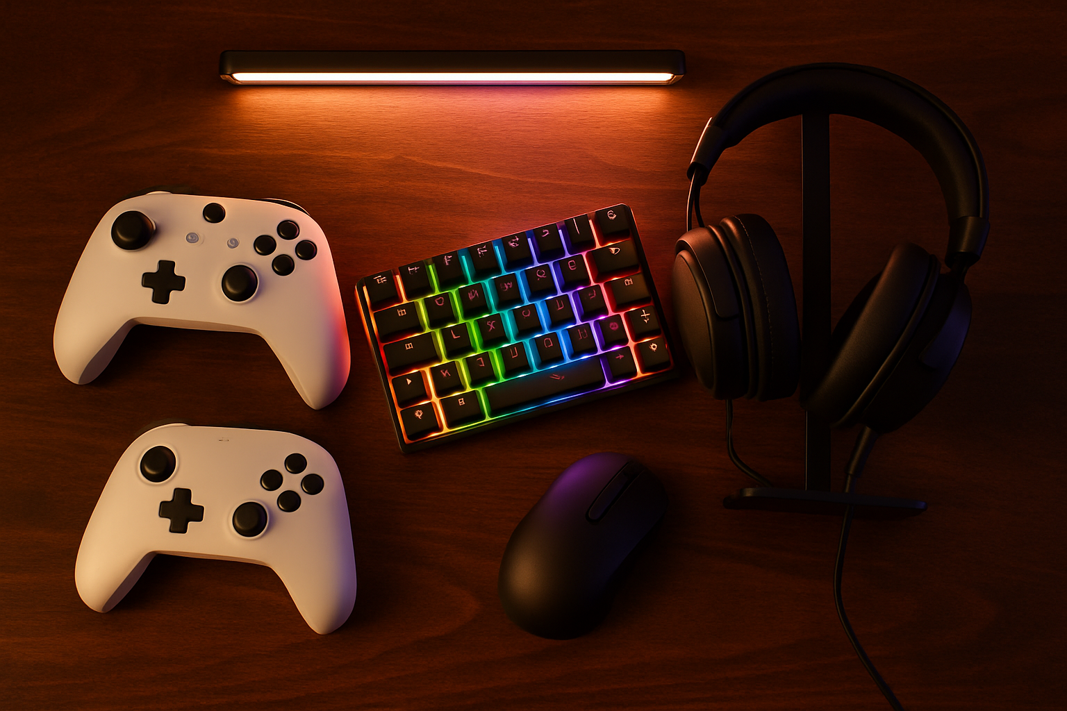 Flat lay of gaming gifts on a dark wood desk including two white wireless controllers, an RGB mechanical keyboard, a headset on a stand, a gaming mouse, and an LED light bar