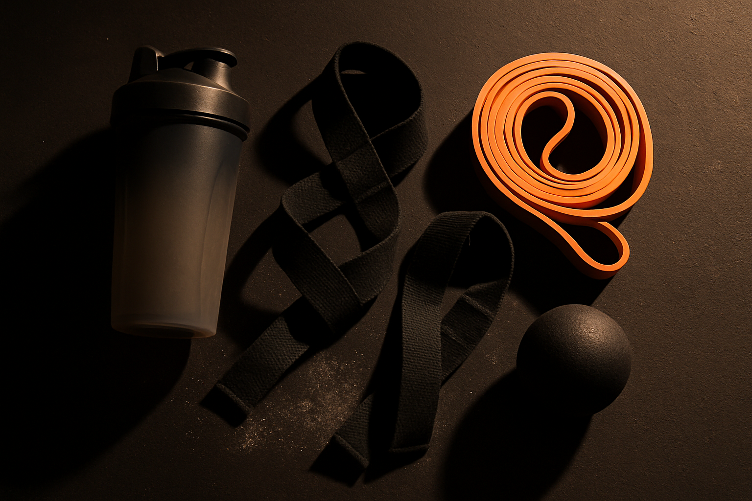 Flat lay of gym gift essentials including a shaker bottle, lifting straps, a resistance band, and a massage roller ball
