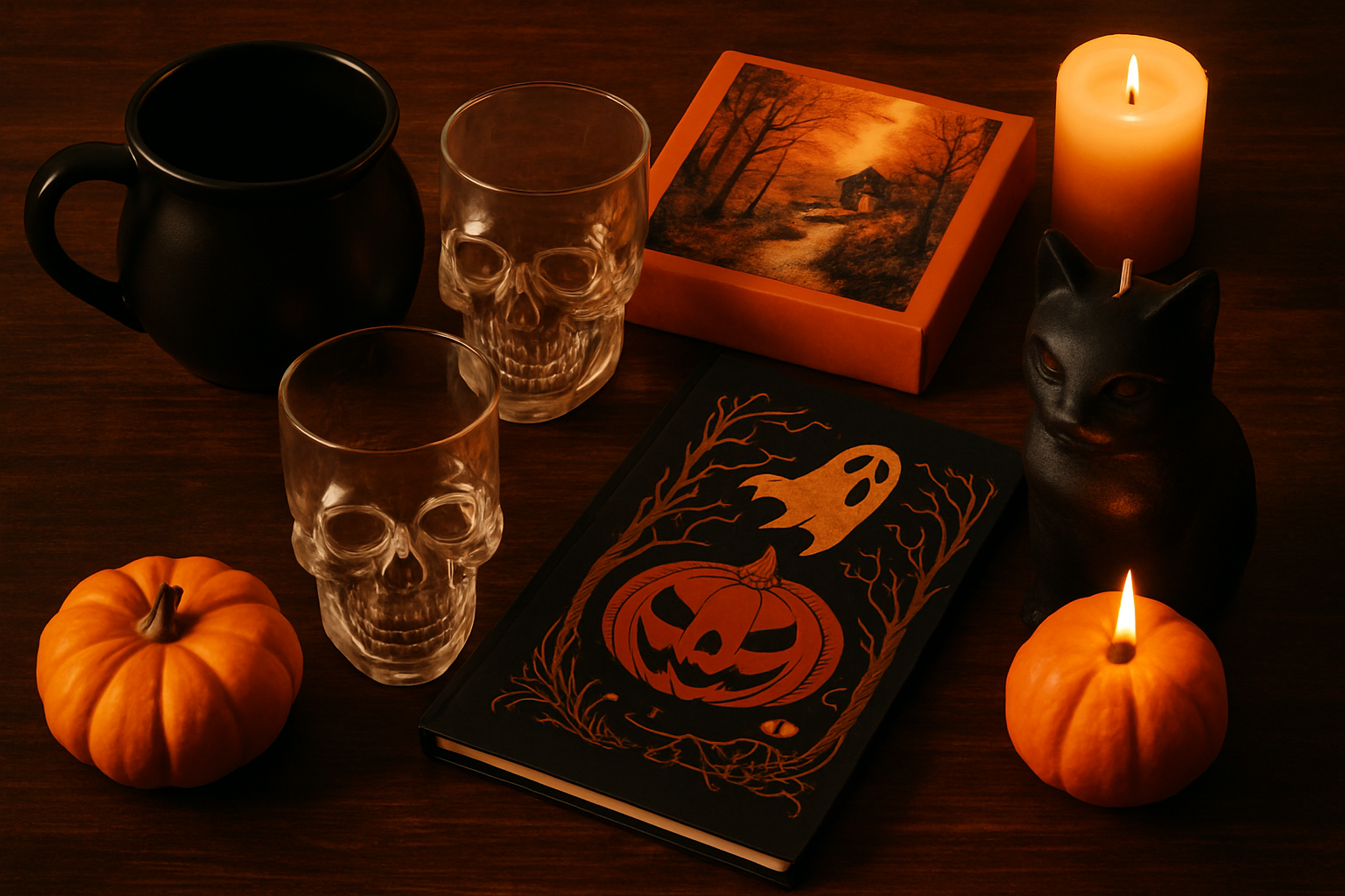 Flat lay of Halloween gifts on a dark wooden table including a black cauldron mug, two crystal skull glasses, a puzzle box with an autumn scene, a ghost and jack-o'-lantern coloring book, a black cat candle and small pumpkins