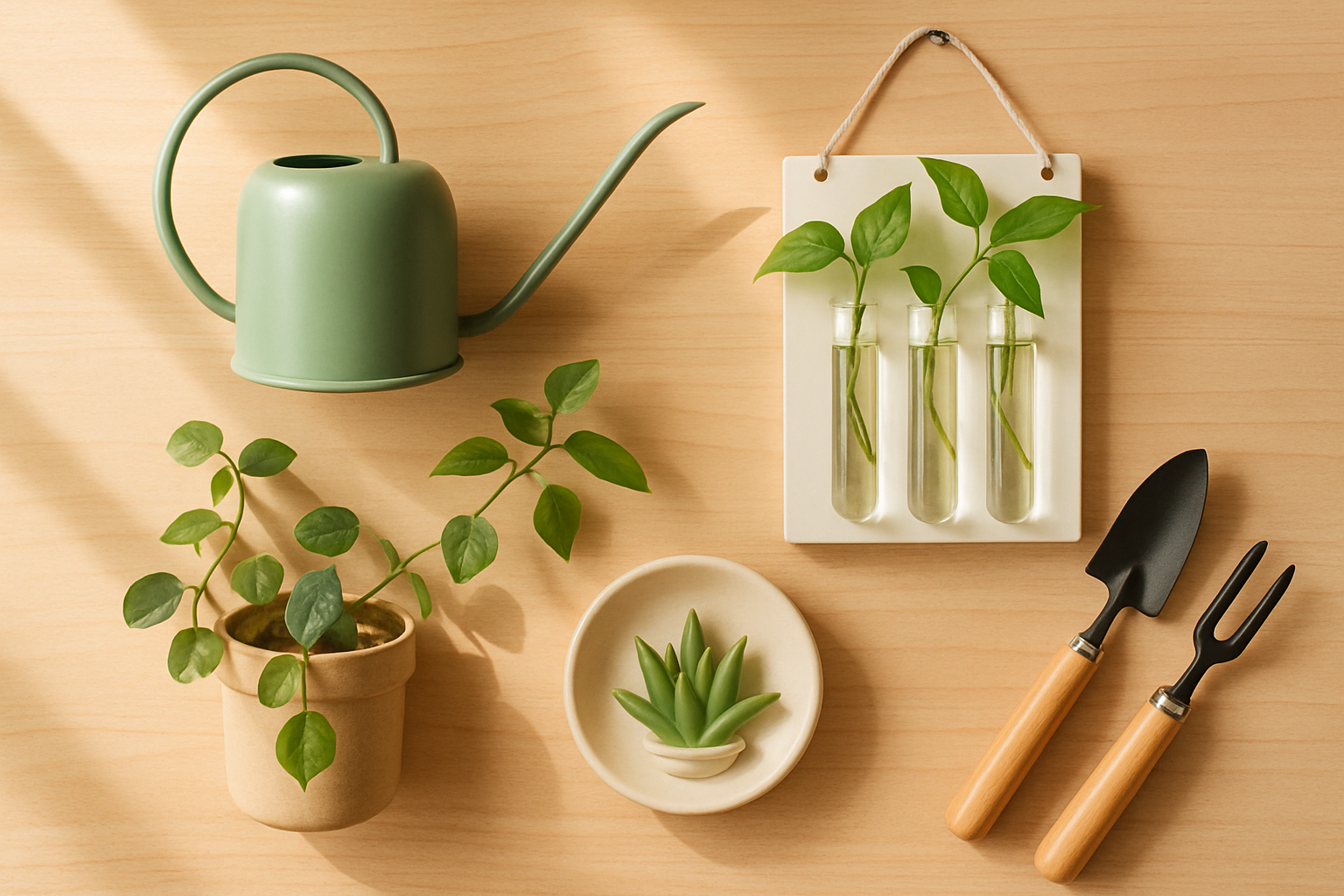Flat lay of plant parent gifts on a light wooden table including a sage green watering can, a wall-hanging glass propagation station, a ceramic aloe ring dish, a small potted trailing plant and gardening hand tools