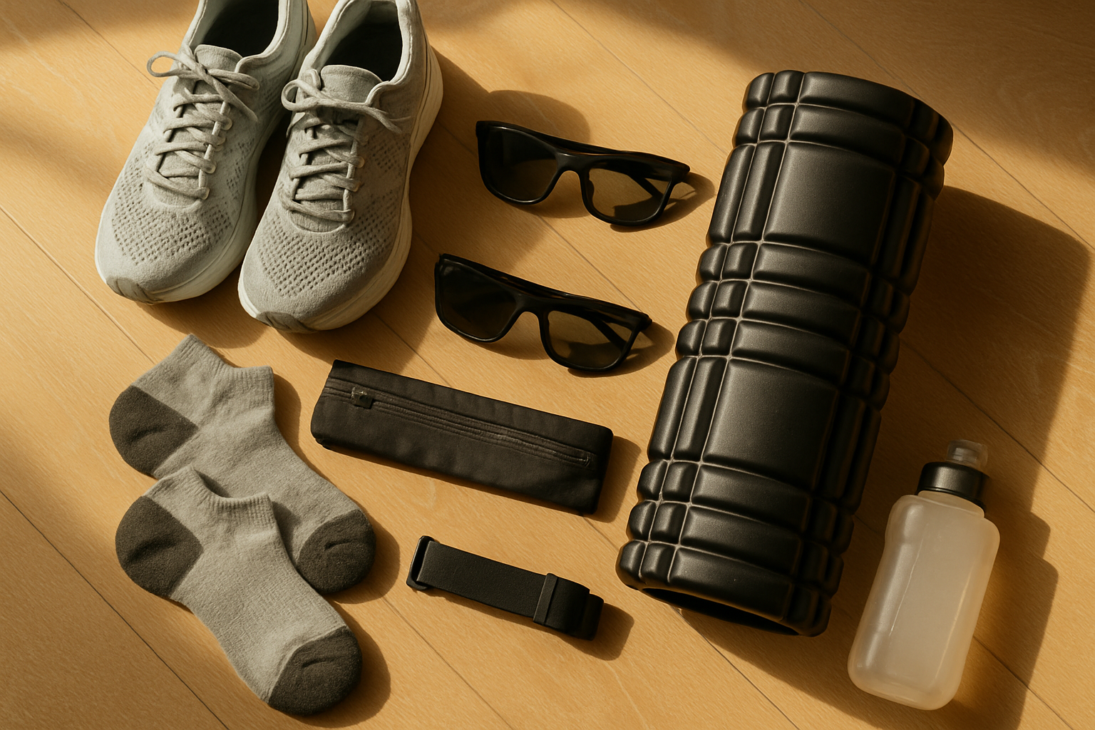 Flat lay of gifts for runners on a light wooden floor including grey running shoes, cushioned no-show socks, black polarized sunglasses, a slim running belt, a black grid foam roller and a handheld water flask