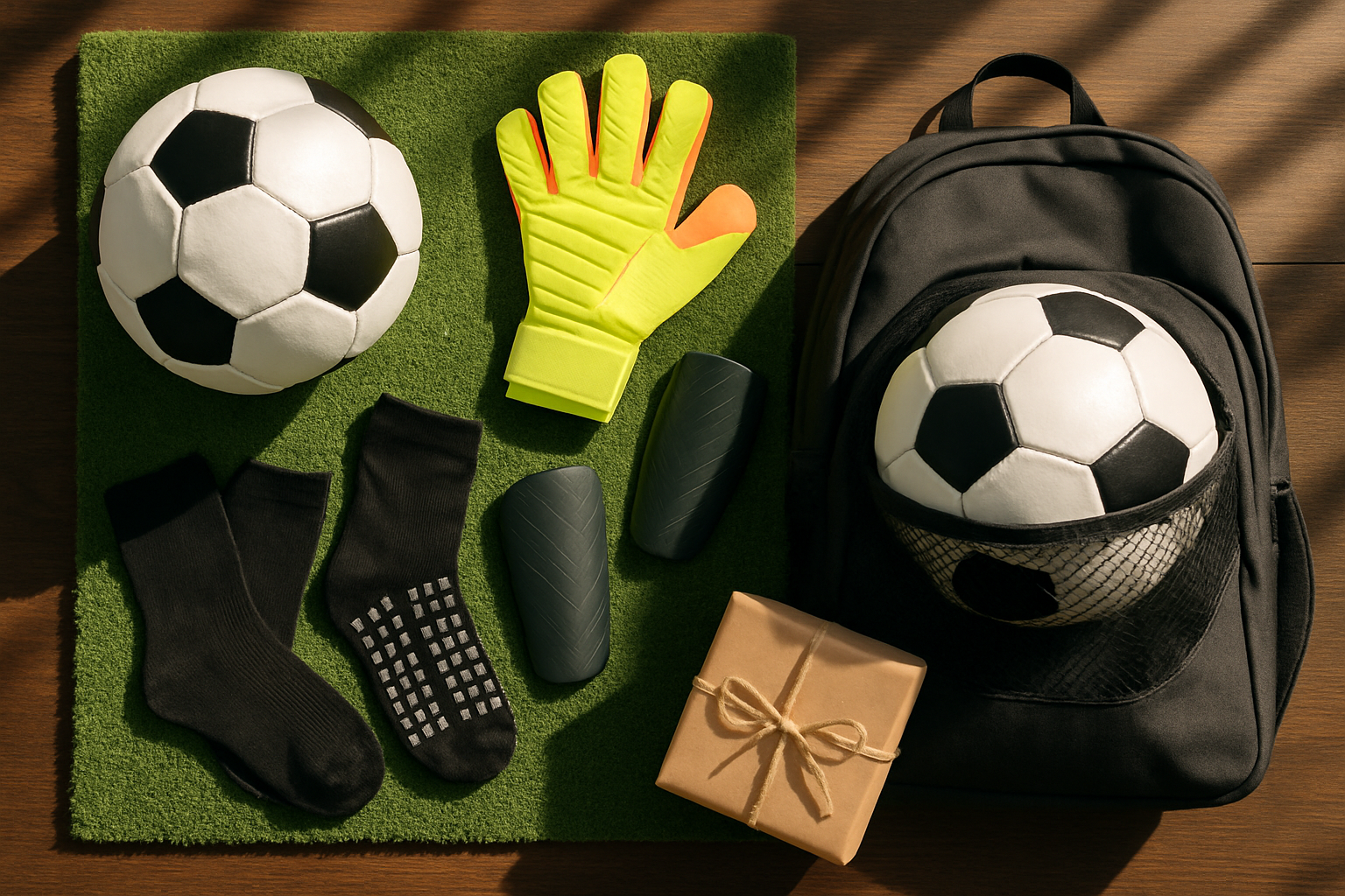Flat lay of gifts for soccer players on green turf and dark wood including a black and white soccer ball, neon goalkeeper gloves, grip socks, slim shin guards and a soccer backpack with a ball in the net pocket