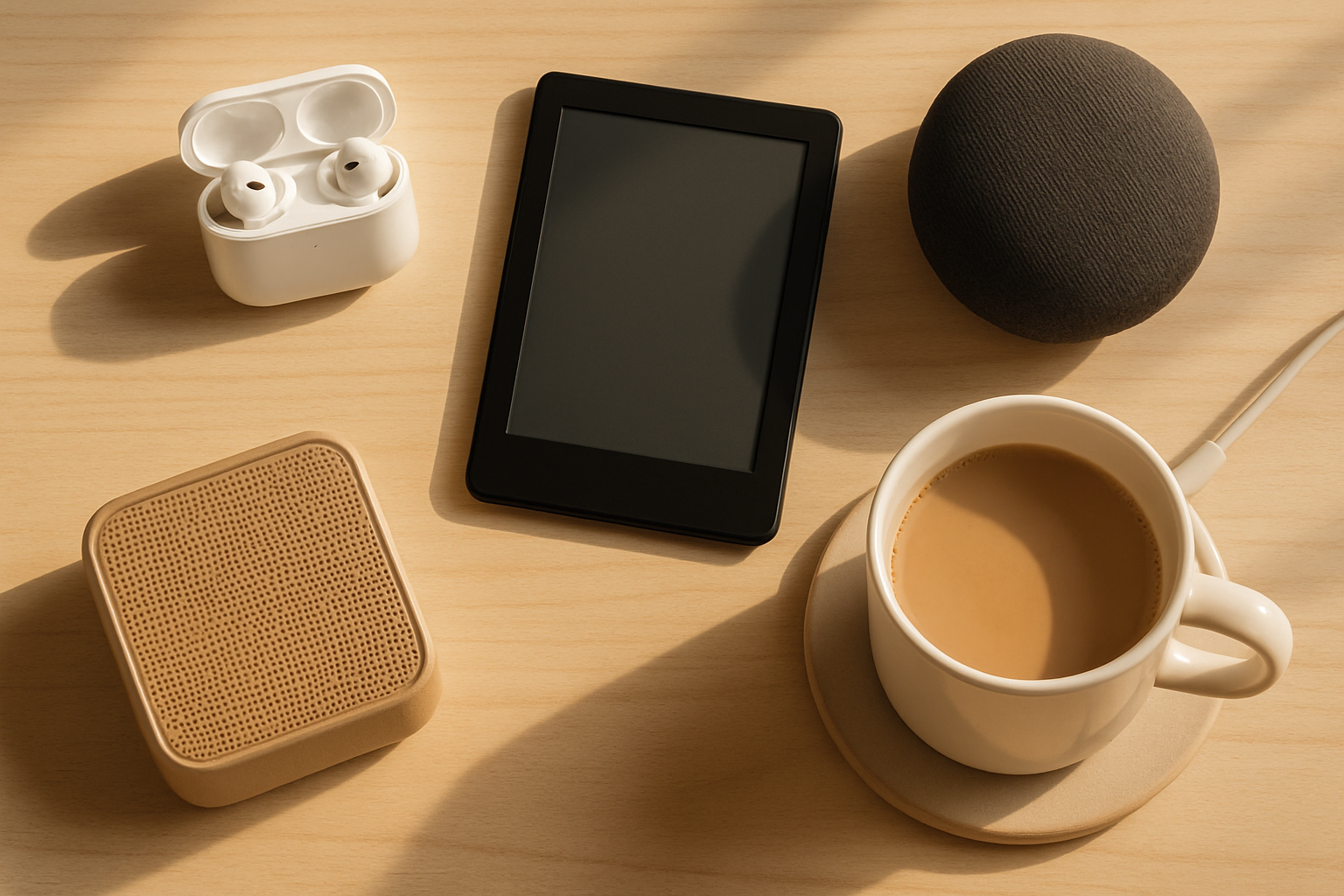 Flat lay of tech gifts on a light wood desk including wireless earbuds, an e-reader, a small smart speaker, a bluetooth speaker, and a heated coffee mug